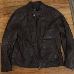 Men’s Brown leather jacket with tan collar, large